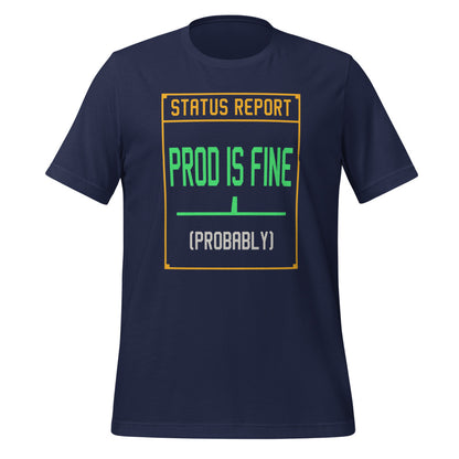 Prod Is Fine programmer tee — Navy, front