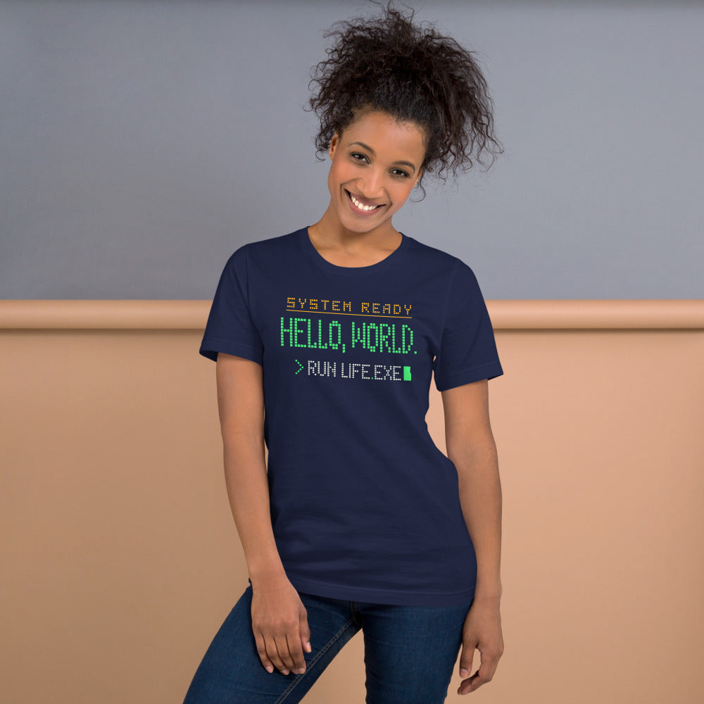 Hello World retro boot screen programmer tee — Navy, on model