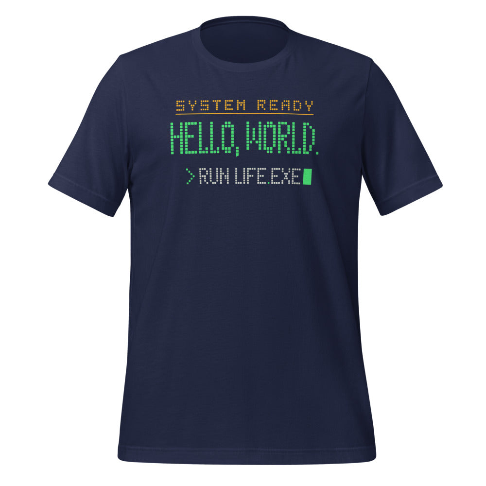 Hello World retro boot screen programmer tee — Navy, front