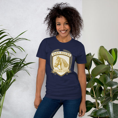 Barn Hours Riding Club vintage equestrian stable crest t-shirt — Navy, on model