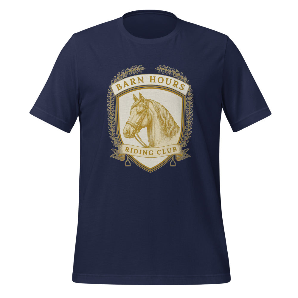 Barn Hours Riding Club vintage equestrian stable crest t-shirt — Navy, front