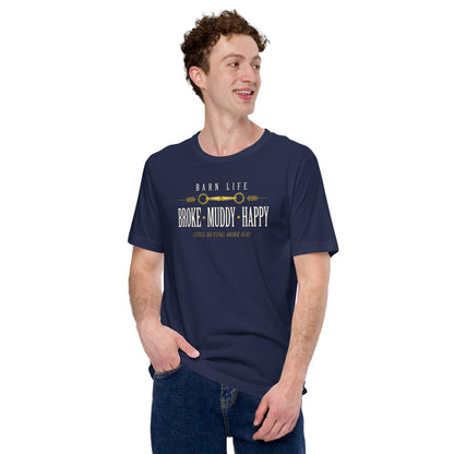 Broke Muddy Happy funny barn life equestrian t-shirt — Navy, on model
