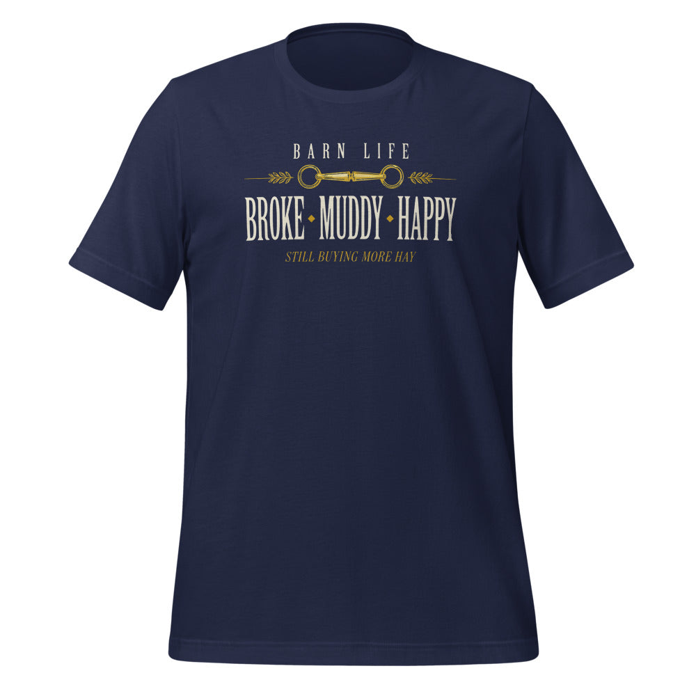 Broke Muddy Happy funny barn life equestrian t-shirt — Navy, front