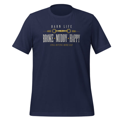 Broke Muddy Happy funny barn life equestrian t-shirt — Navy, front