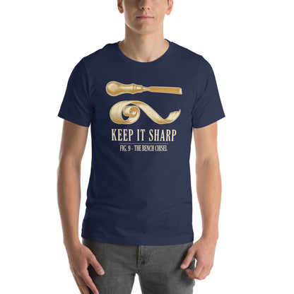 Keep It Sharp woodworking tee — Navy, on model