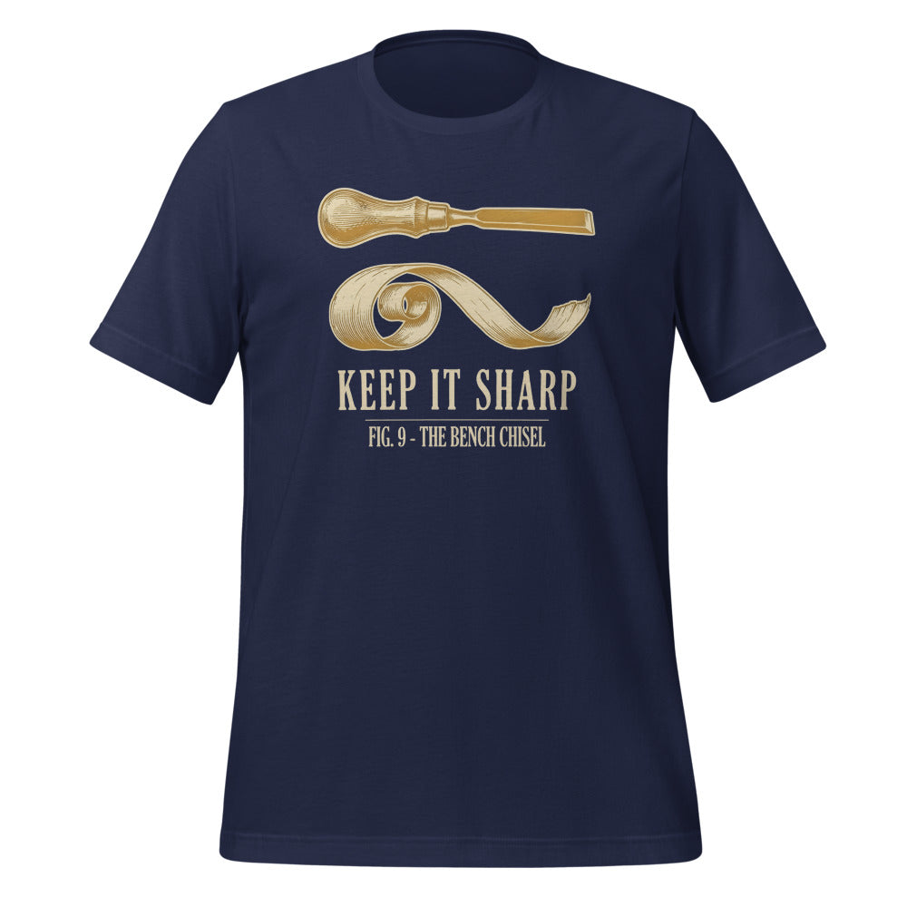 Keep It Sharp woodworking tee — Navy, front