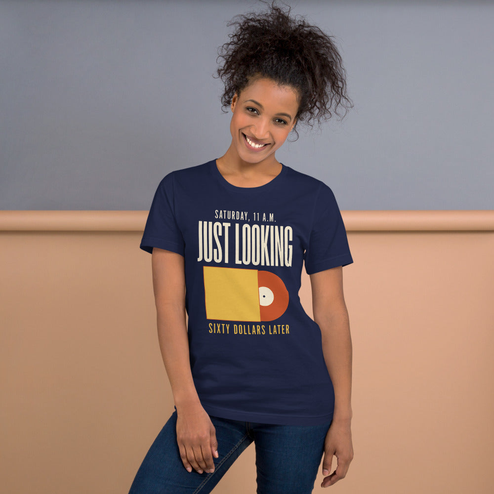 Just Looking Sixty Dollars Later vinyl record tee — Navy, on model