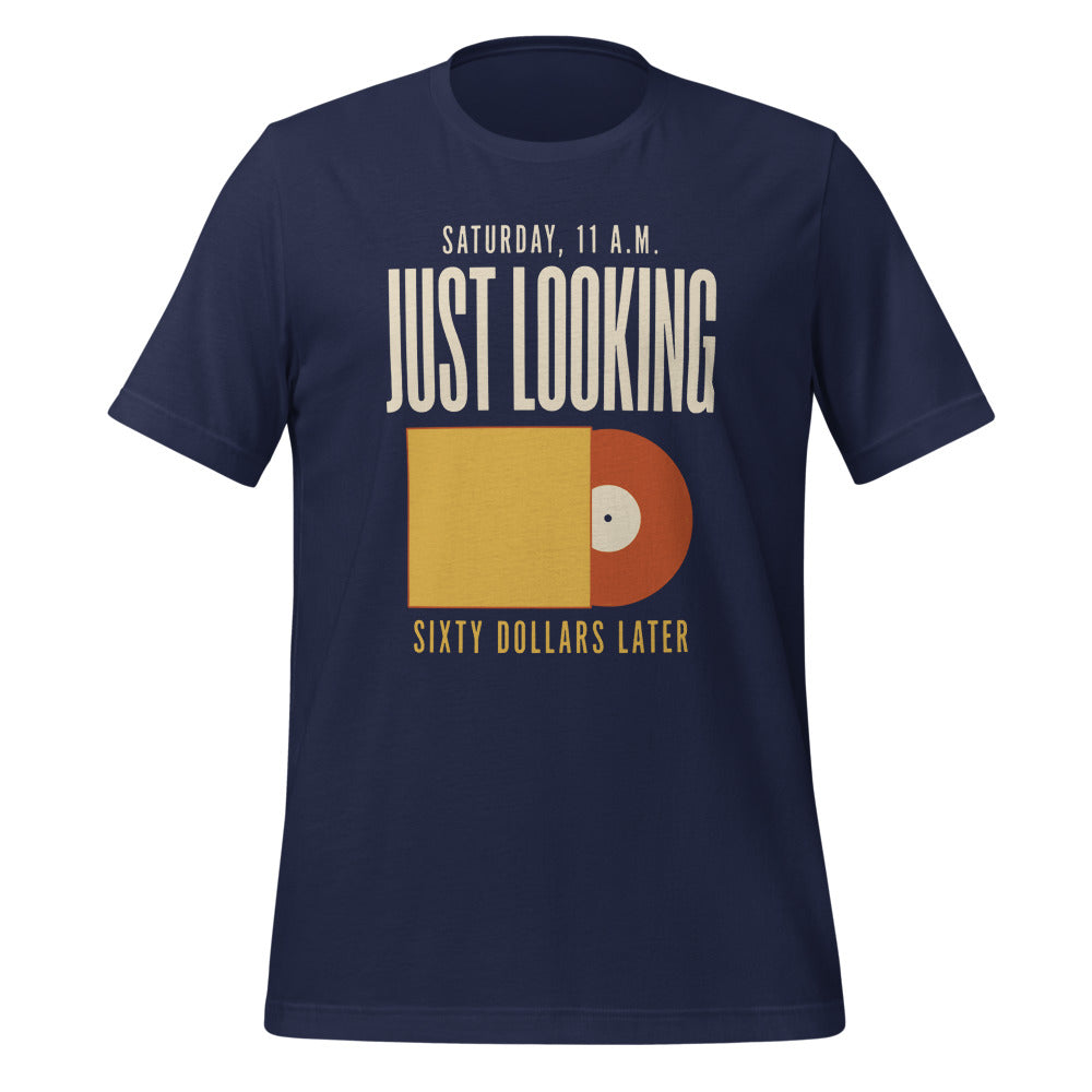 Just Looking Sixty Dollars Later vinyl record tee — Navy, front