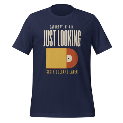 Just Looking Sixty Dollars Later vinyl record tee — Navy, front