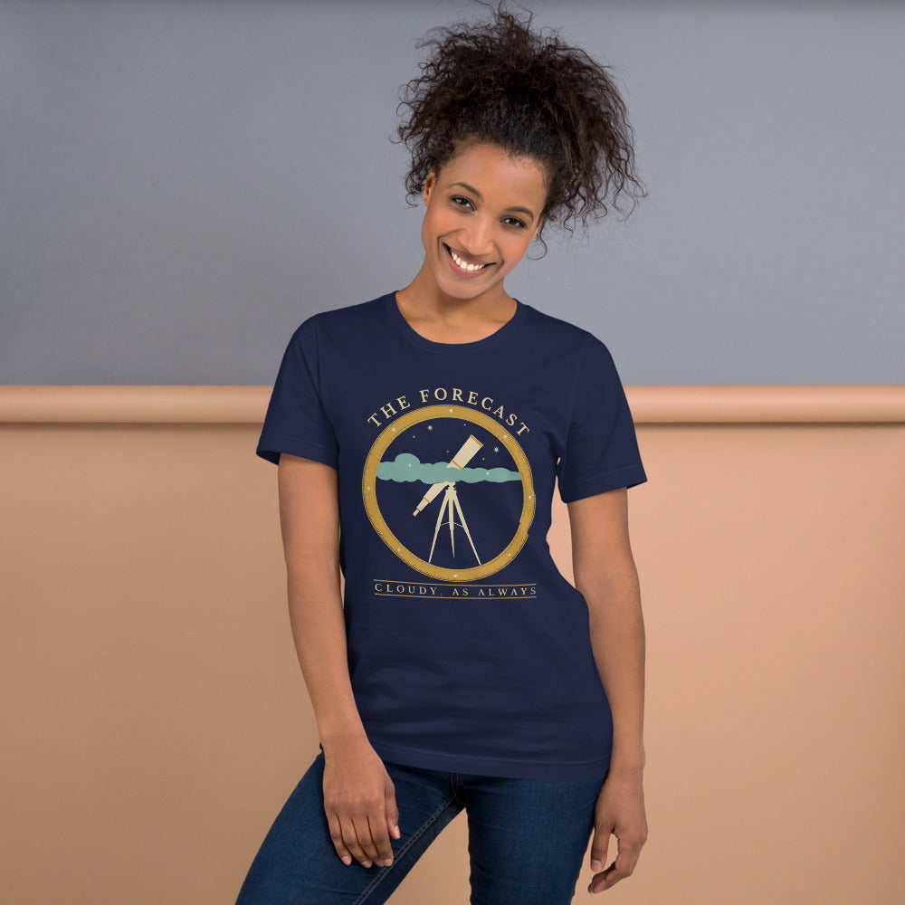 The Forecast Cloudy As Always funny astronomy tee — Navy, on model