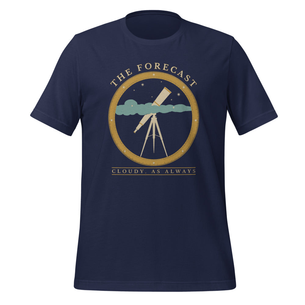 The Forecast Cloudy As Always funny astronomy tee — Navy, front