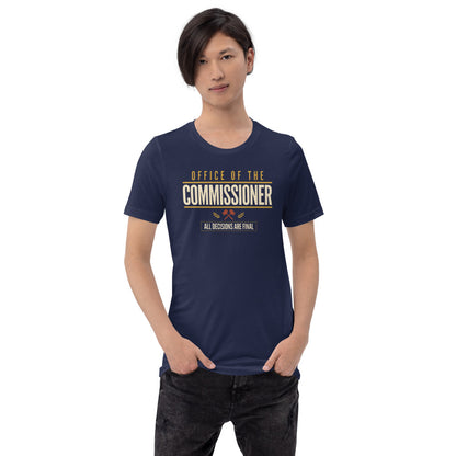 Office of the Commissioner fantasy football draft tee — Navy, on model