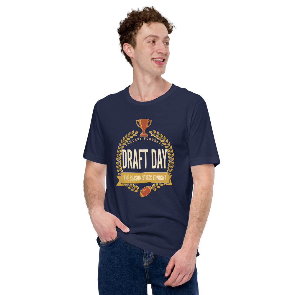 Draft Day Almanac vintage fantasy football draft tee — Navy, on model