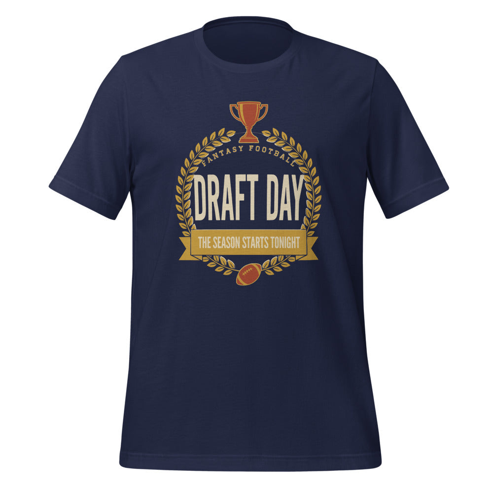 Draft Day Almanac vintage fantasy football draft tee — Navy, front