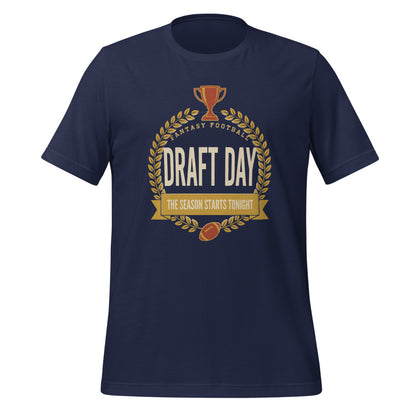 Draft Day Almanac vintage fantasy football draft tee — Navy, front