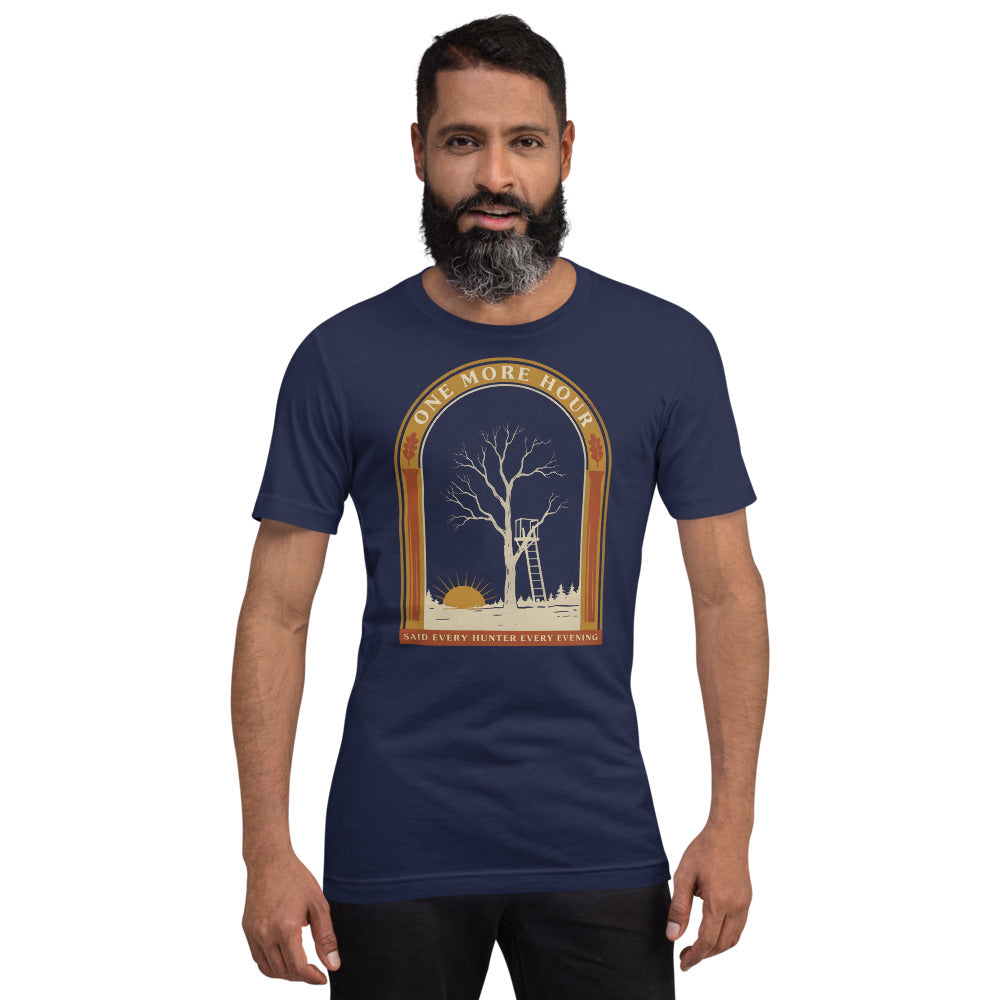 One More Hour funny deer hunting tee — Navy, on model
