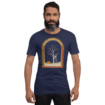 One More Hour funny deer hunting tee — Navy, on model