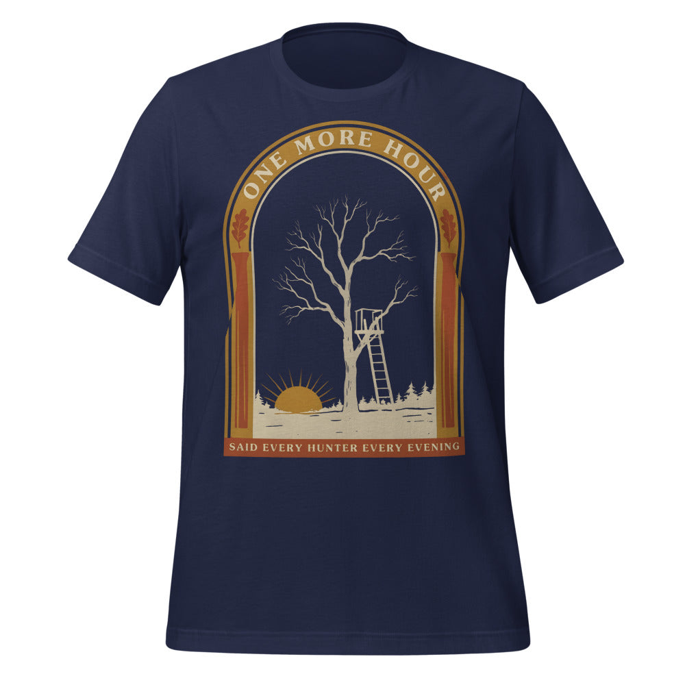 One More Hour funny deer hunting tee — Navy, front