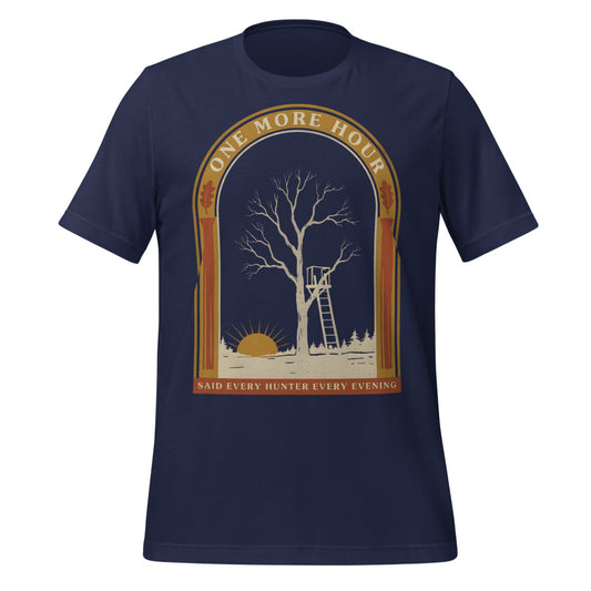 One More Hour funny deer hunting tee — Navy, front