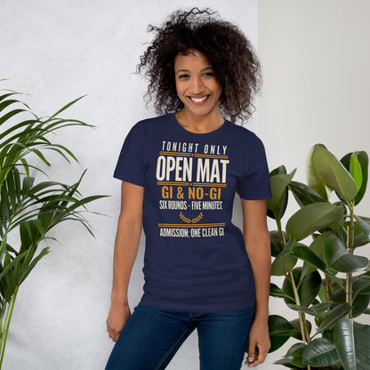Open Mat Tonight Brazilian jiu jitsu t-shirt — Navy, on model