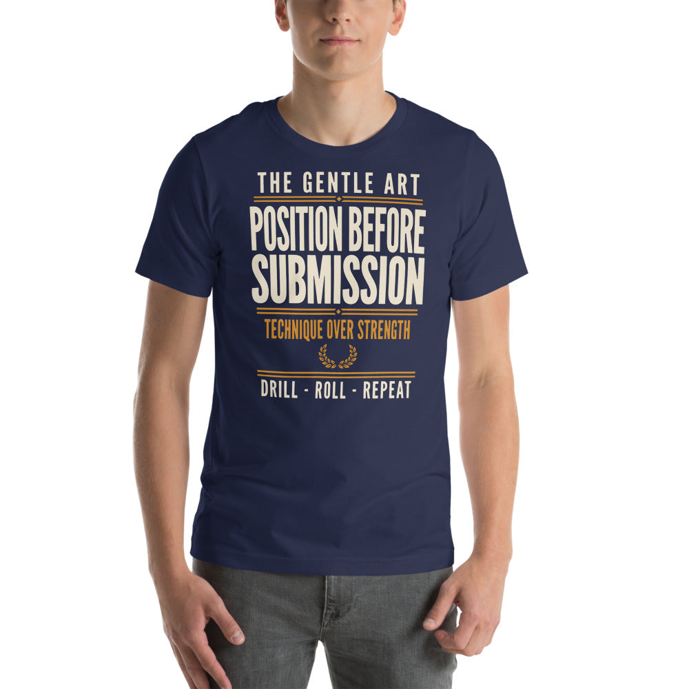 Position Before Submission Brazilian jiu jitsu t-shirt — Navy, on model