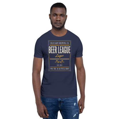 Beer League Cold Barn Brewing lager t-shirt — Navy, on model
