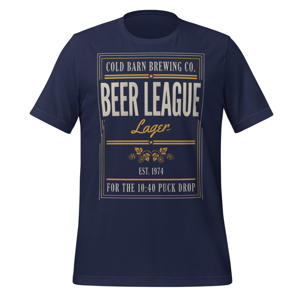 Beer League Cold Barn Brewing lager t-shirt — Navy, front