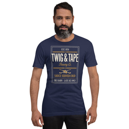 Twig and Tape Brewing Co. beer league hockey t-shirt — Navy, on model