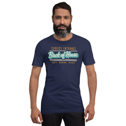 Line Cook Back of House retro diner service sign t-shirt — Navy, on model