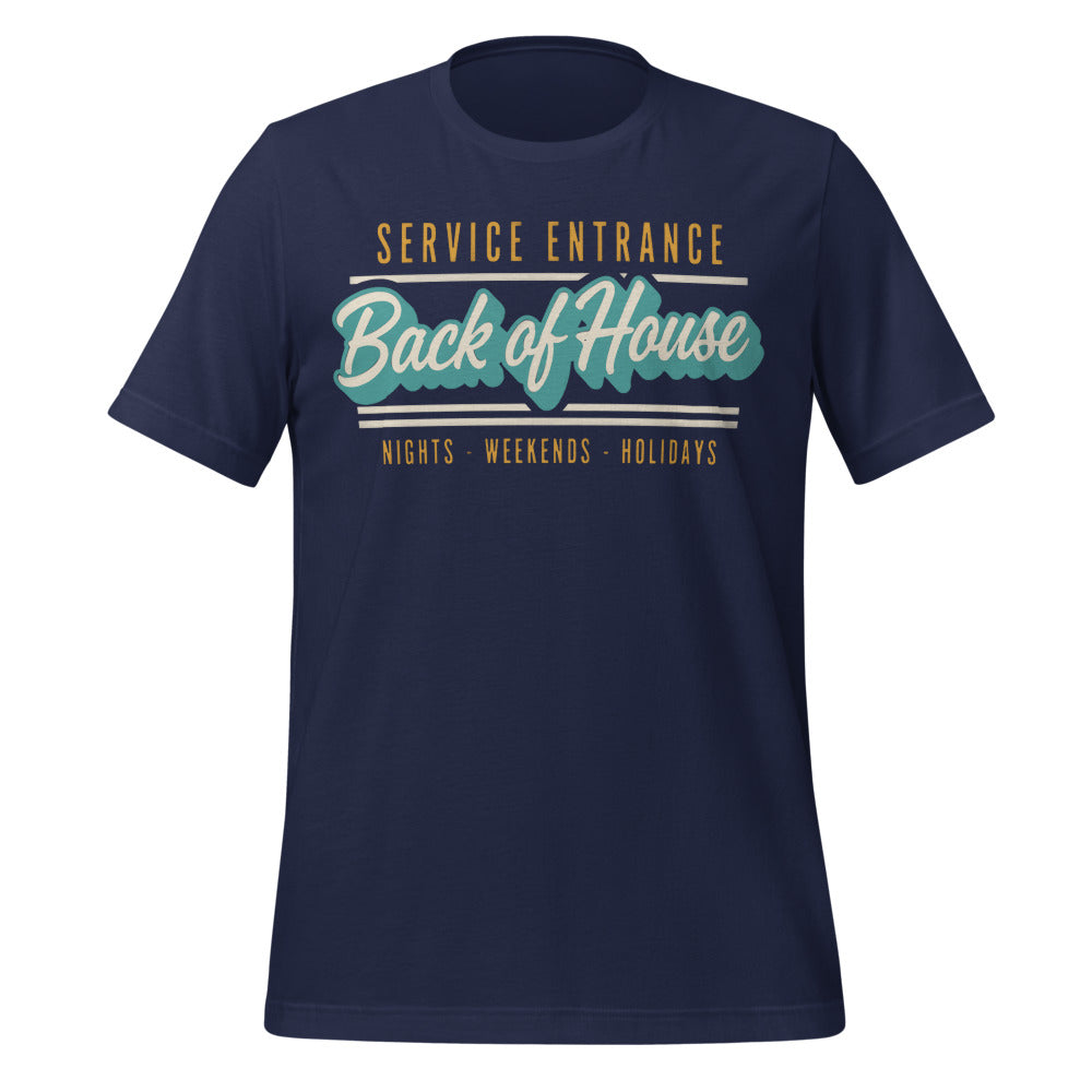 Line Cook Back of House retro diner service sign t-shirt — Navy, front