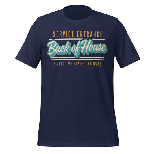 Line Cook Back of House retro diner service sign t-shirt — Navy, front