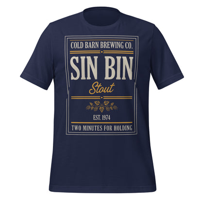 Beer League Sin Bin Stout brewery label t-shirt — Navy, front