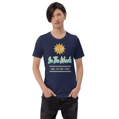 In The Weeds line cook retro diner service sign t-shirt — Navy, on model