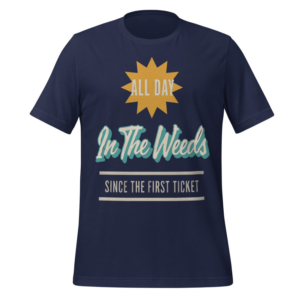 In The Weeds line cook retro diner service sign t-shirt — Navy, front