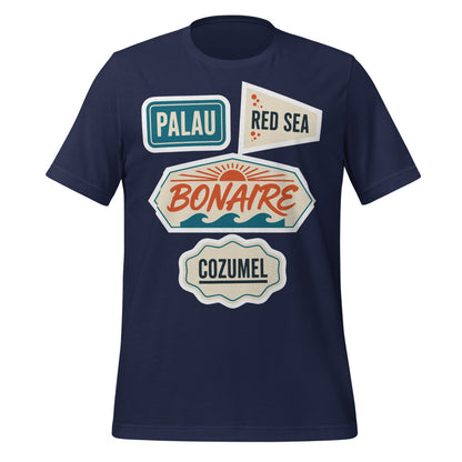 Vintage scuba diving dive sites travel decal t-shirt — Navy, front
