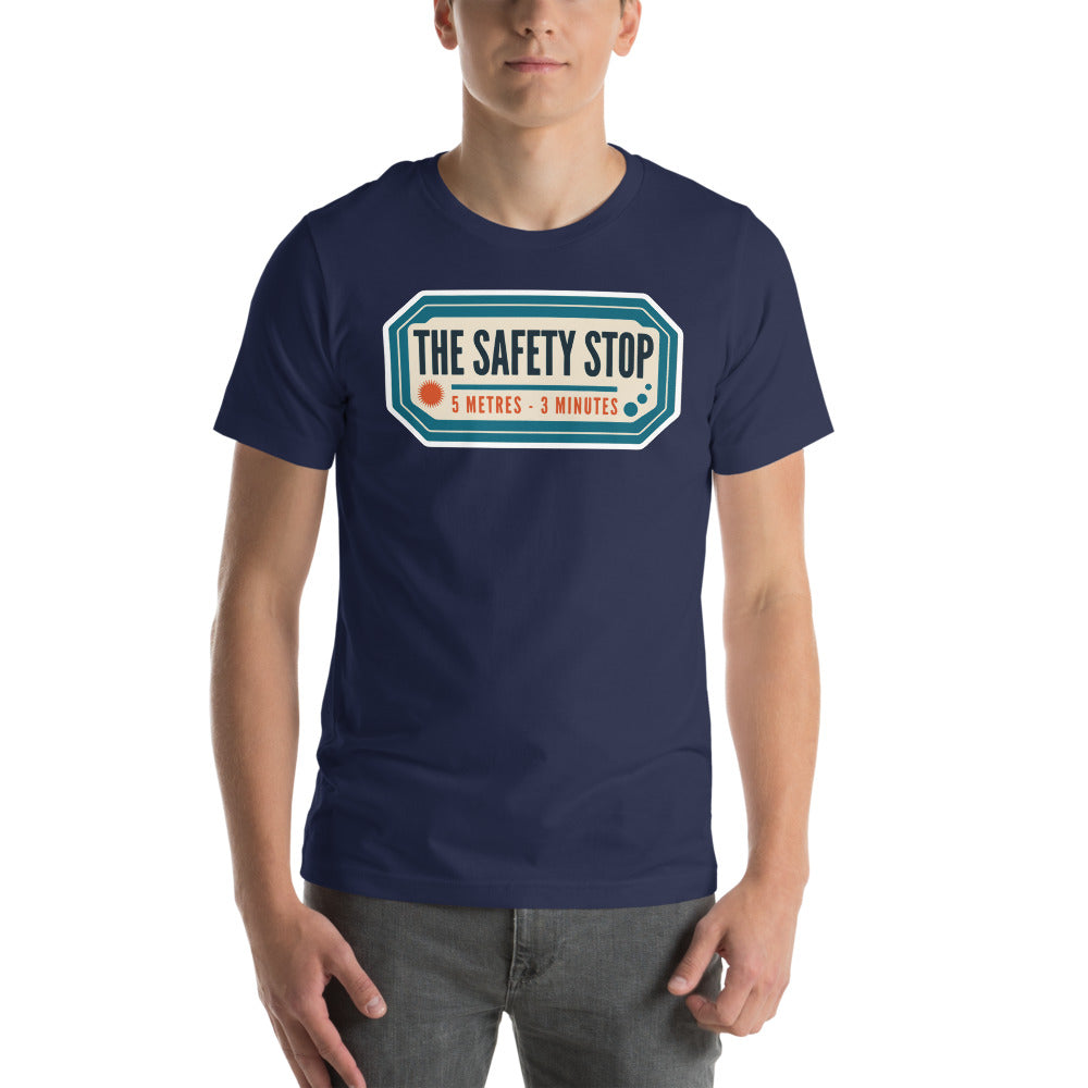 The Safety Stop vintage scuba diving travel decal t-shirt — Navy, on model