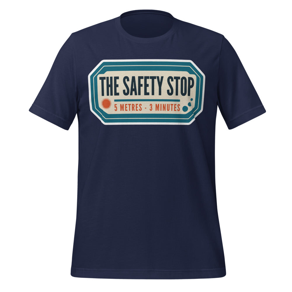 The Safety Stop vintage scuba diving travel decal t-shirt — Navy, front