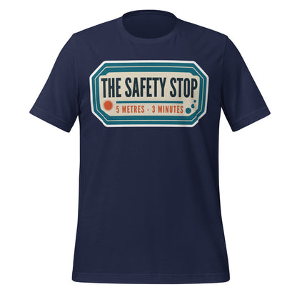 The Safety Stop vintage scuba diving travel decal t-shirt — Navy, front