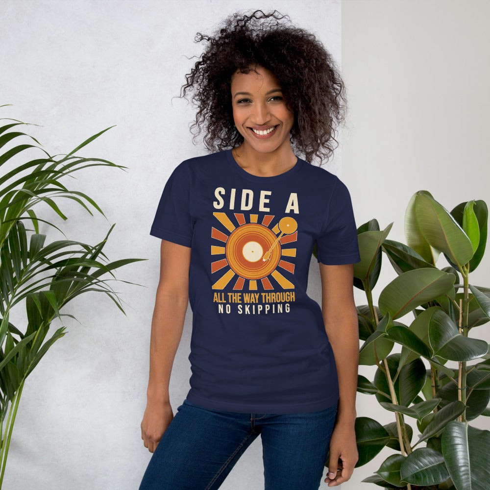 Side A No Skipping vinyl record tee — Navy, on model