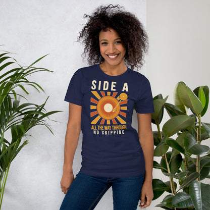 Side A No Skipping vinyl record tee — Navy, on model