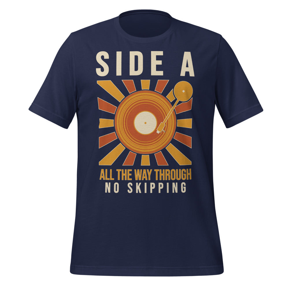 Side A No Skipping vinyl record tee — Navy, front