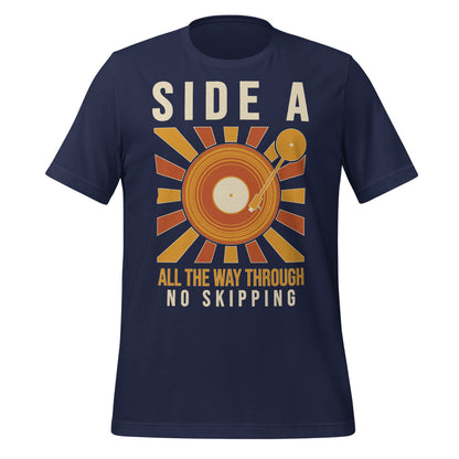 Side A No Skipping vinyl record tee — Navy, front