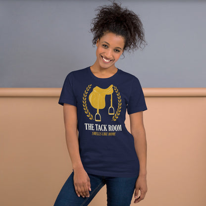 The Tack Room engraved equestrian saddle crest t-shirt — Navy, on model
