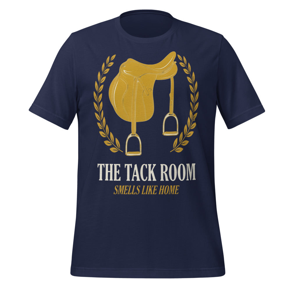 The Tack Room engraved equestrian saddle crest t-shirt — Navy, front