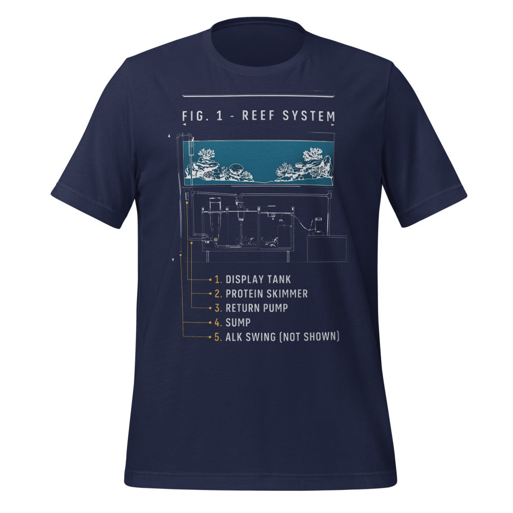 Reef System technical cutaway saltwater aquarium t-shirt — Navy, front