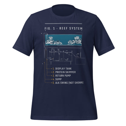 Reef System technical cutaway saltwater aquarium t-shirt — Navy, front