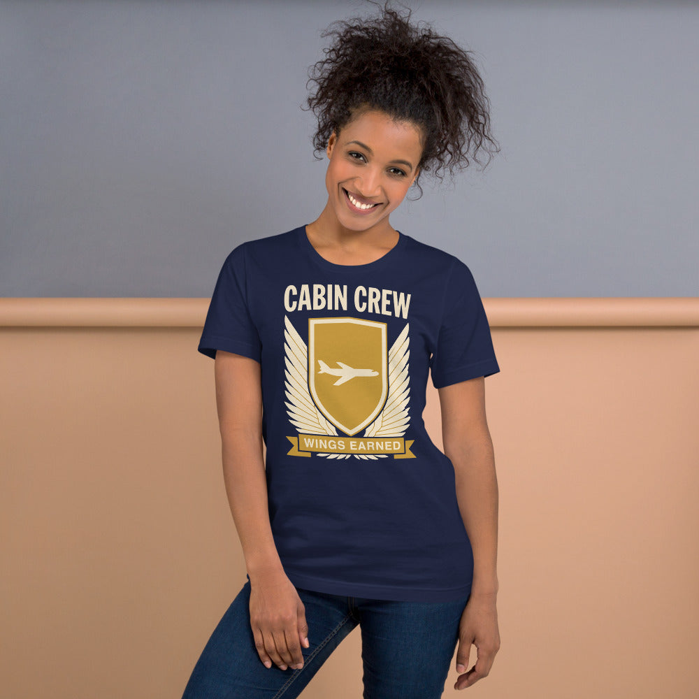 Wings Earned flight attendant tee — Navy, on model