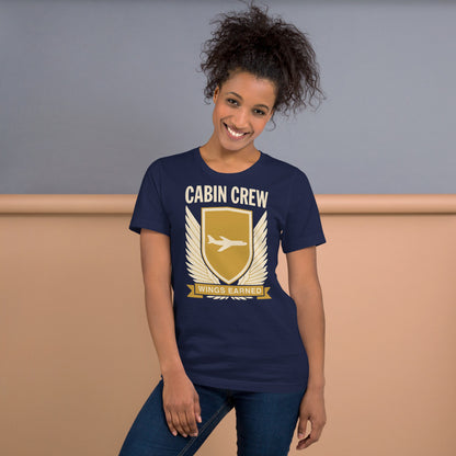 Wings Earned flight attendant tee — Navy, on model