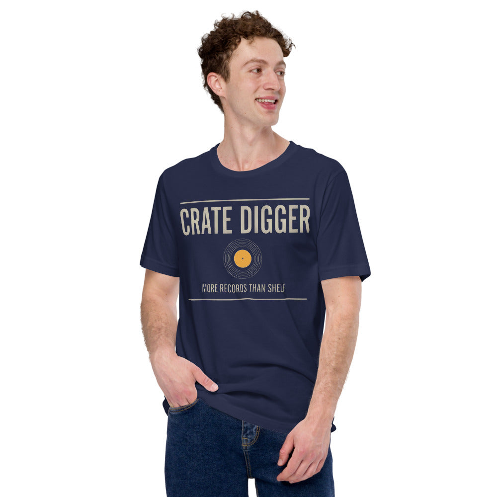 Crate Digger vinyl record tee — Navy, on model