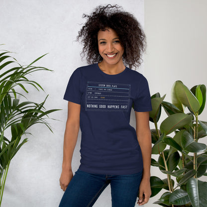 Nothing Good Happens Fast reef system data plate saltwater aquarium t-shirt — Navy, on model